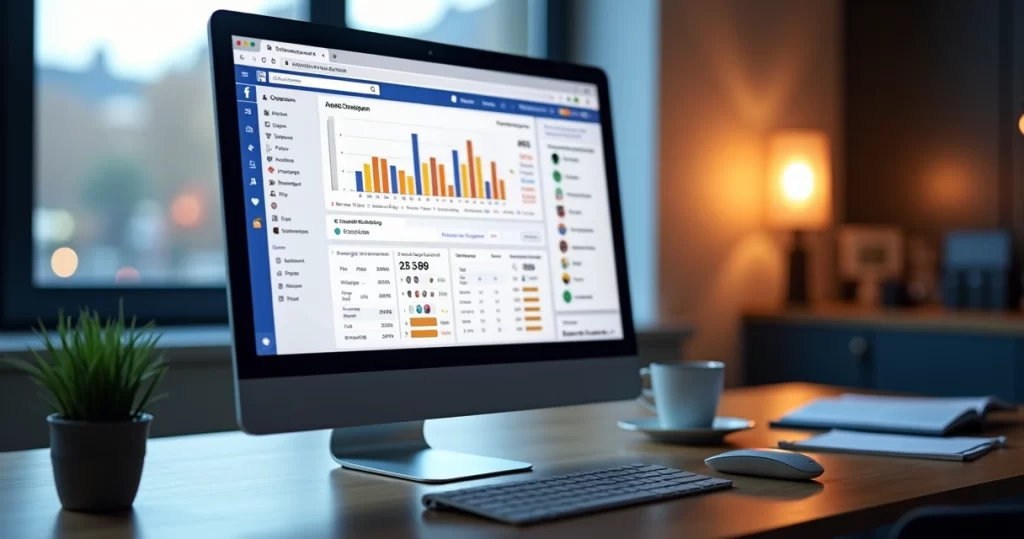 Tela do Gerenciador de Anúncios do Facebook com campanhas ativas, gráficos de desempenho e opções de segmentação de público