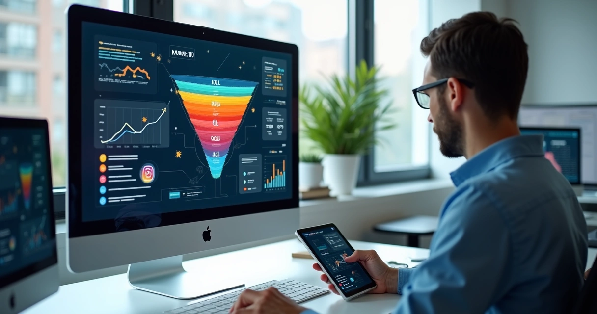 Representação de geração e qualificação de leads com telas digitais mostrando gráficos, ícones de redes sociais e funil de vendas colorido