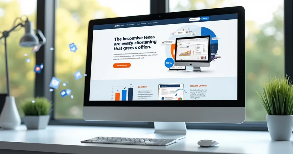 Computador exibindo uma landing page otimizada com gráficos de crescimento e botões de chamada para ação claros