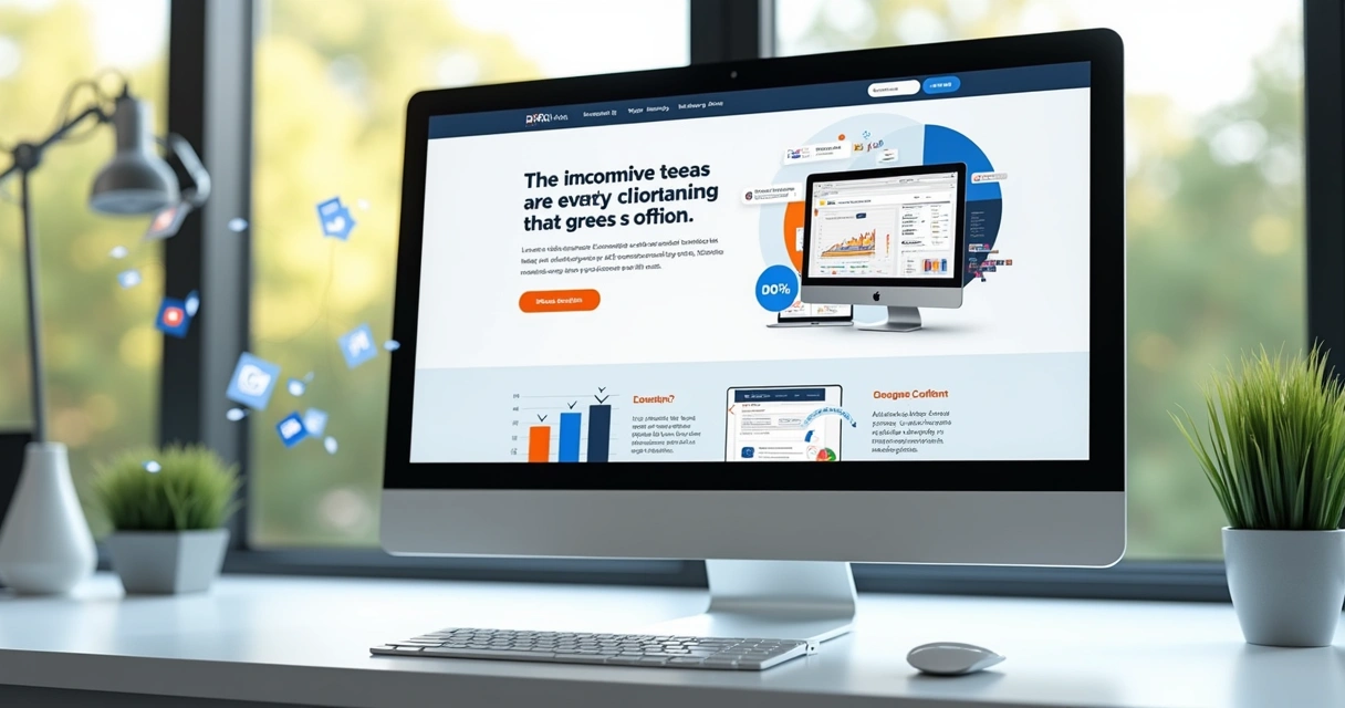 Computador exibindo uma landing page otimizada com gráficos de crescimento e botões de chamada para ação claros